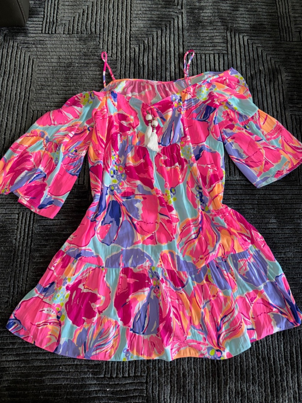 Lilly Pulitzer Girls' Vibrant Pink Multi-Color Floral Off-Shoulder Dress